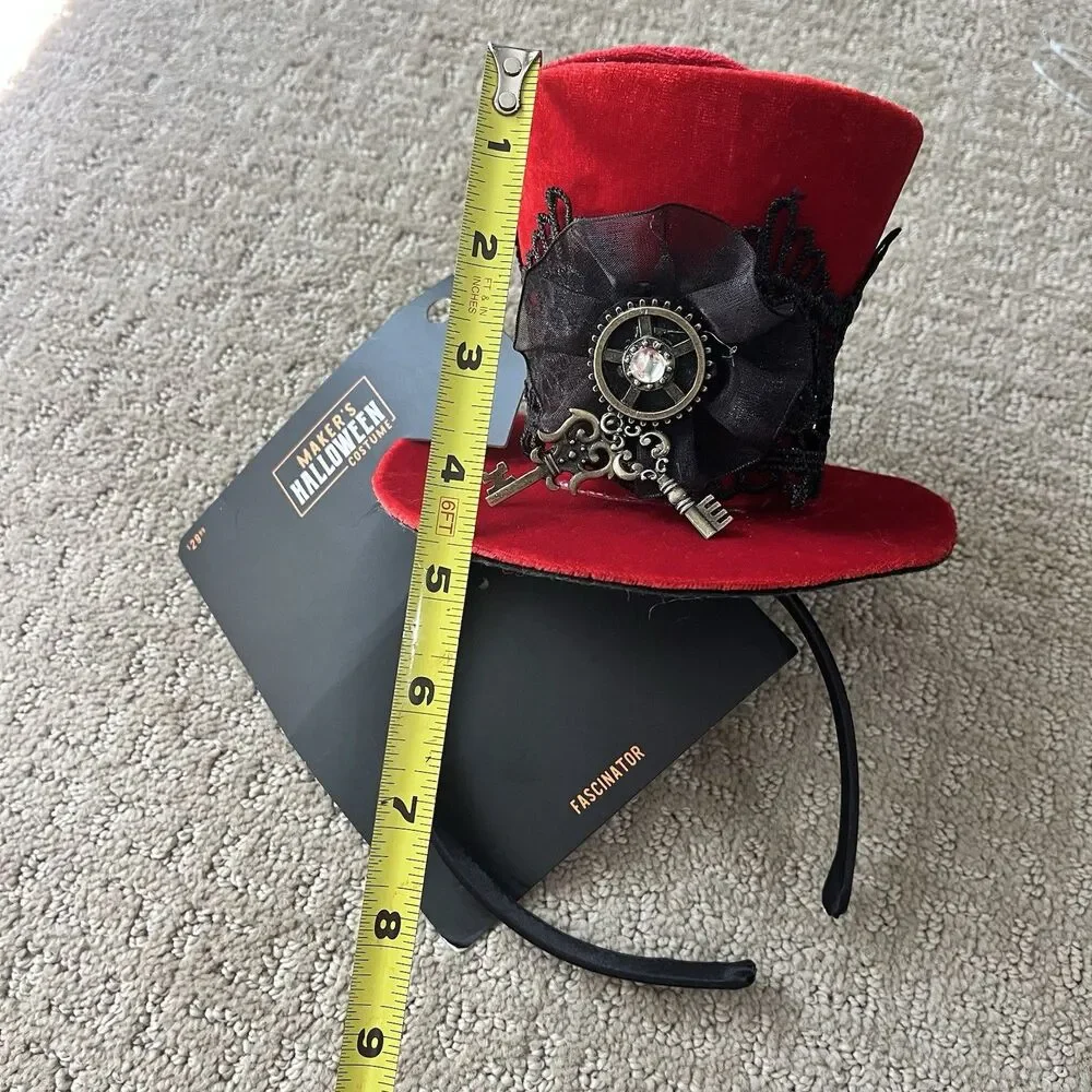 Victorian Steampunk Mad Hatter Red Velvet Mini Top Hat Fascinator Headband Blk